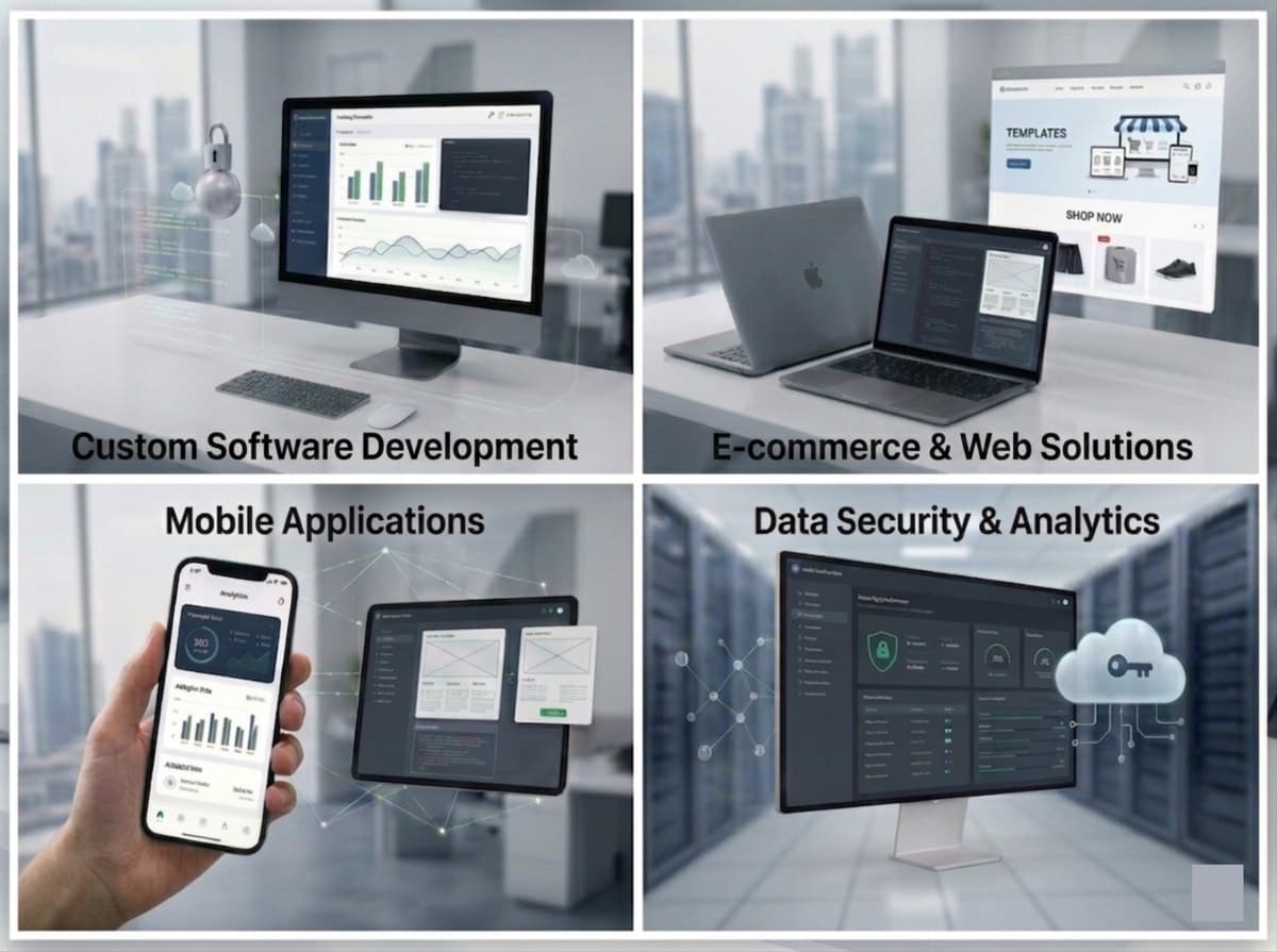 Illustration of software dashboards, websites and mobile apps