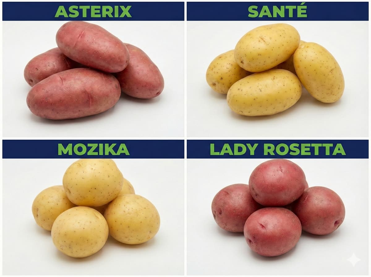 Illustration of four potato varieties: Asterix, Santé, Mozika and Lady Rosetta