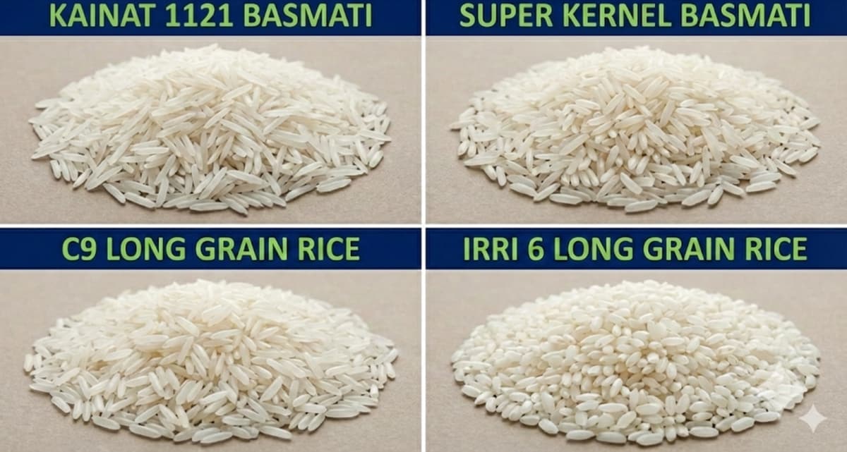 Illustration of four rice varieties: Kainat 1121 Basmati, Super Kernel Basmati, C9 Long Grain and IRRI 6 Long Grain