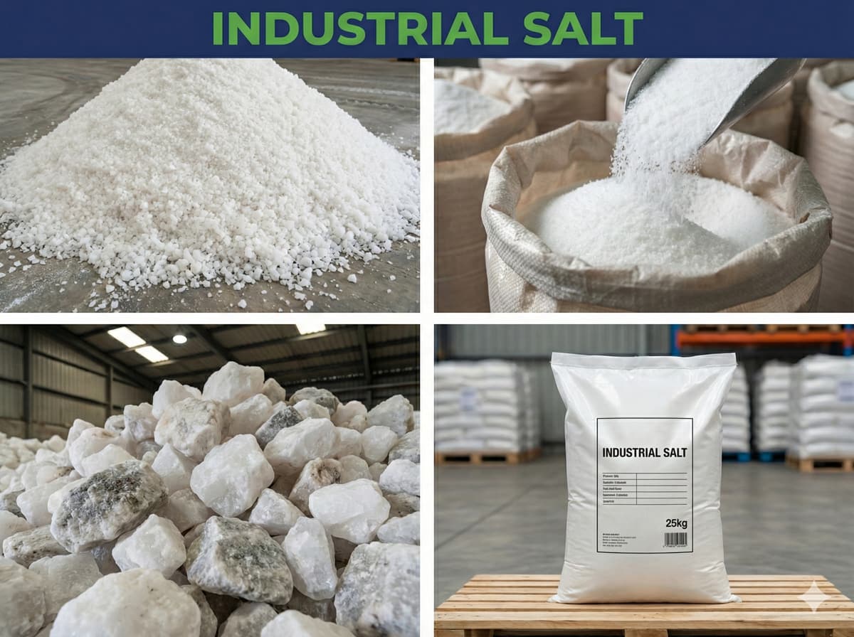 Illustration of industrial salt: white salt granules, rock salt and 25 kg bags
